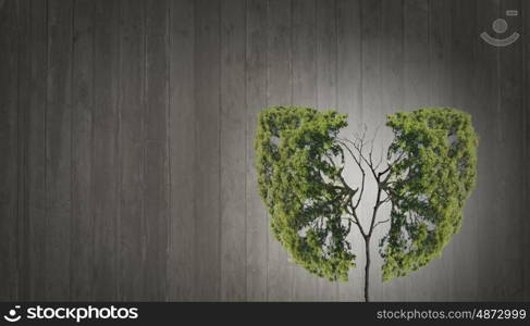 Air pollution. Conceptual image of green tree shaped like human lungs