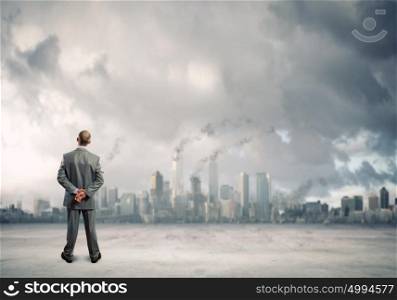 Air pollution. rear view of businessman looking at scene of polluted city