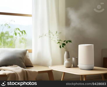 Air Purifier in a Minimalist Style Soft Light Living Room Interior. Generative ai. High quality illustration. Air Purifier in a Minimalist Style Soft Light Living Room Interior. Generative ai