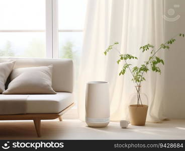 Air Purifier in a Minimalist Style Soft Light Living Room Interior. Generative ai. High quality illustration. Air Purifier in a Minimalist Style Soft Light Living Room Interior. Generative ai