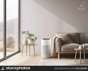 Air Purifier in a Minimalist Style Soft Light Living Room Interior. Generative ai. High quality illustration. Air Purifier in a Minimalist Style Soft Light Living Room Interior. Generative ai