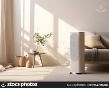 Air Purifier in a Minimalist Style Soft Light Living Room Interior. Generative ai. High quality illustration. Air Purifier in a Minimalist Style Soft Light Living Room Interior. Generative ai