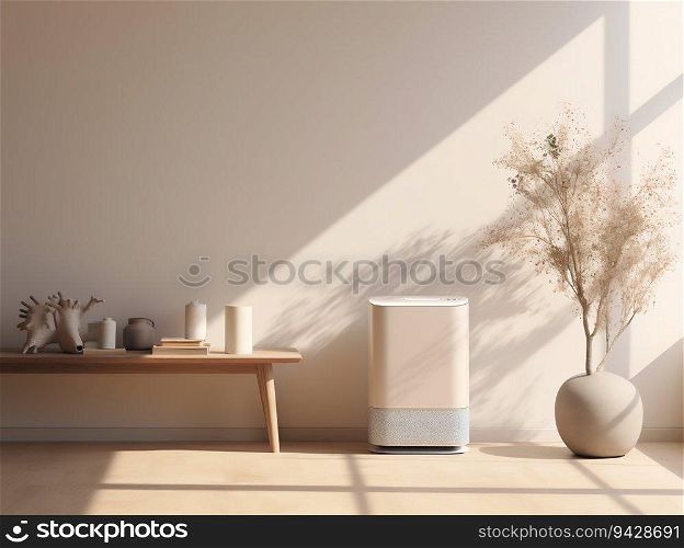 Air Purifier in a Minimalist Style Soft Light Living Room Interior. Generative ai. High quality illustration. Air Purifier in a Minimalist Style Soft Light Living Room Interior. Generative ai
