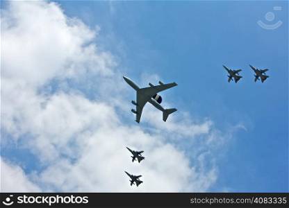 Air Show of Precision Flight Formation. Planes flying in precision flight formation