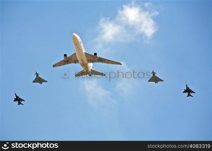 Air Show of Precision Flight Formation. Planes in Precision Flight Formation Against a Blue sky