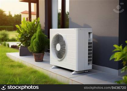 Air source heat pump installed in residential building. Generative AI