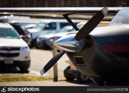 Air transportation plane with rotor and cars in the back. Air transportation plane with rotor