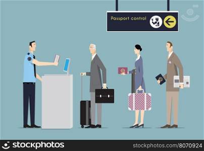 Air travelers queue at border passport control.&#xA;