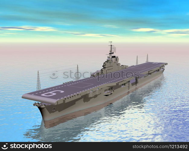 Aircraft carrier floating on the ocean and daylight. Aircraft carrier - 3D render