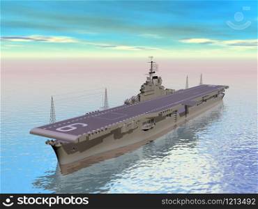 Aircraft carrier floating on the ocean and daylight. Aircraft carrier - 3D render