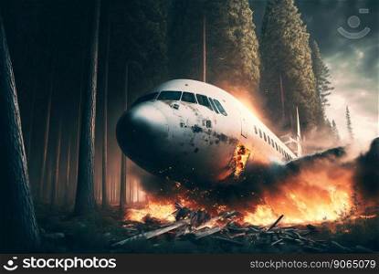 Aircraft crash in forest. Airliner catastrophe among trees. Plane accident. Generative AI.. Aircraft crash in forest. Airliner catastrophe among trees. Plane accident. Generative AI