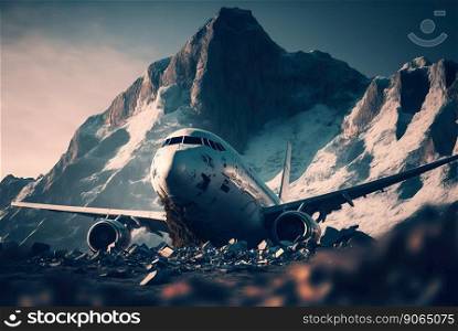 Aircraft crash in mountains. Airliner catastrophe. Plane accident with snowy mountains backdrop. Generative AI.. Aircraft crash in mountains. Airliner catastrophe. Plane accident with snowy mountains backdrop. Generative AI