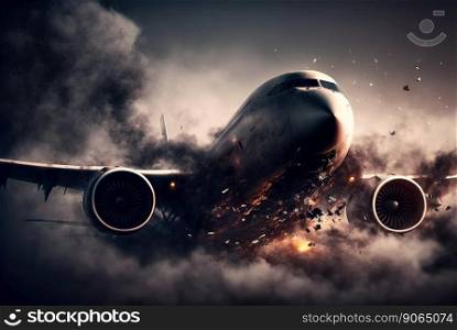 Aircraft explosion during flight. Airliner catastrophe. Plane accident in clouds. Generative AI.. Aircraft explosion during flight. Airliner catastrophe. Plane accident in clouds. Generative AI