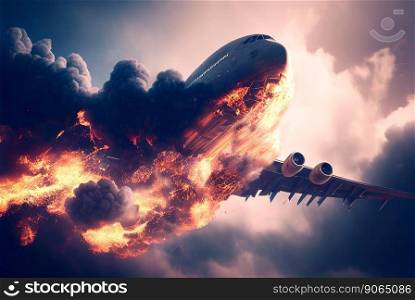 Aircraft explosion during flight. Airliner catastrophe. Plane accident in clouds. Generative AI.. Aircraft explosion during flight. Airliner catastrophe. Plane accident in clouds. Generative AI