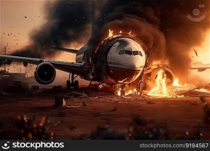 Aircraft explosion during landing. Airliner catastrophe. Plane accident on runway created by generative AI