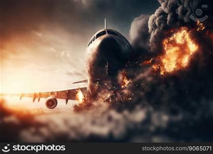 Aircraft explosion during landing. Airliner catastrophe. Plane accident on runway. Generative AI.. Aircraft explosion during landing. Airliner catastrophe. Plane accident on runway. Generative AI