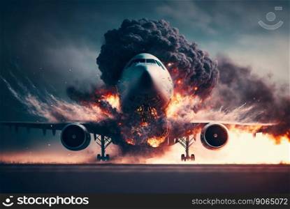 Aircraft explosion during landing. Airliner catastrophe. Plane accident on runway. Generative AI.. Aircraft explosion during landing. Airliner catastrophe. Plane accident on runway. Generative AI