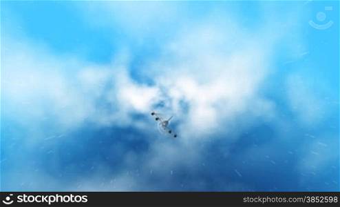 Aircraft fly through clouds, engine smoke, loop