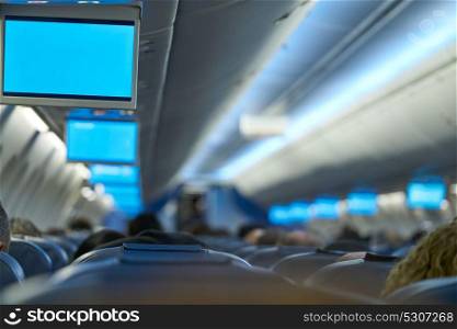 Aircraft indoor tv screens in a row selective focus