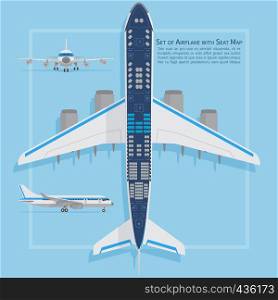 Aircraft seats plan top view. Business and economy classes airplane indoor information map. Vector illustration. Chart plane seat, plan, of aircraft passenger. Aircraft seats plan top view. Business and economy classes airplane indoor information map. Vector illustration