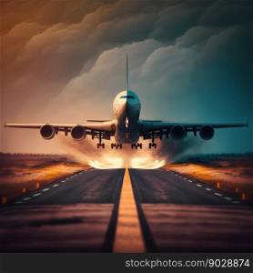 Aircraft takeoff and landing on the runway. Generative AI. High quality illustration. Aircraft takeoff and landing on the runway. Generative AI