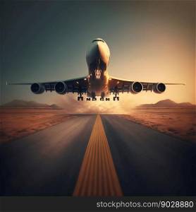 Aircraft takeoff and landing on the runway. Generative AI. High quality illustration. Aircraft takeoff and landing on the runway. Generative AI