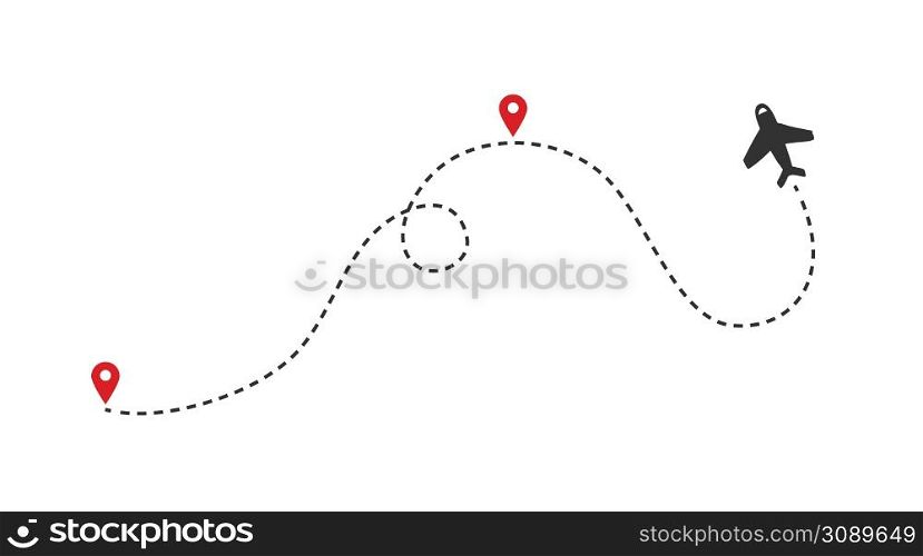 Aircraft tracking, planes silhouettes, location pins isolated on white background. Plane paths vector. Illustration of route flight line, air jet travel. Plane paths vector. Aircraft tracking, planes silhouettes, location pins isolated on white background. Illustration of route flight line