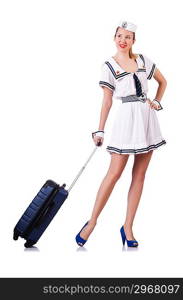 Airhostess with luggage on white