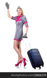 Airhostess with luggage on white