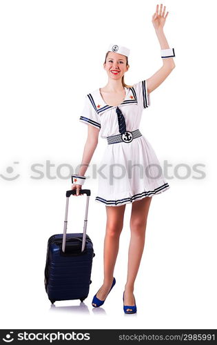 Airhostess with luggage on white