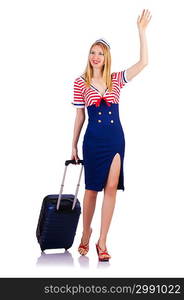 Airhostess with luggage on white