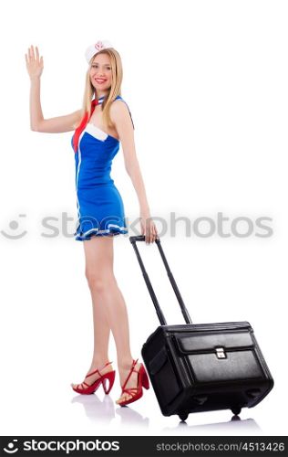 Airhostess with luggage on white