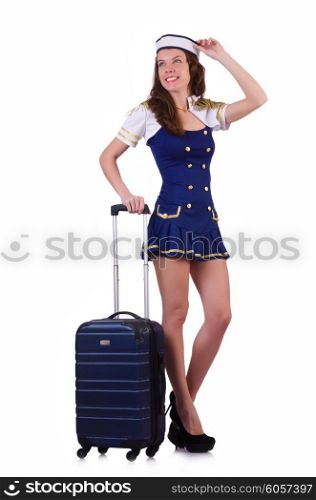 Airhostess with luggage on white