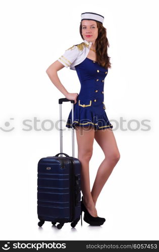 Airhostess with luggage on white