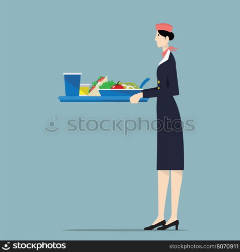 Airline hostess holding a tray.&#xD;