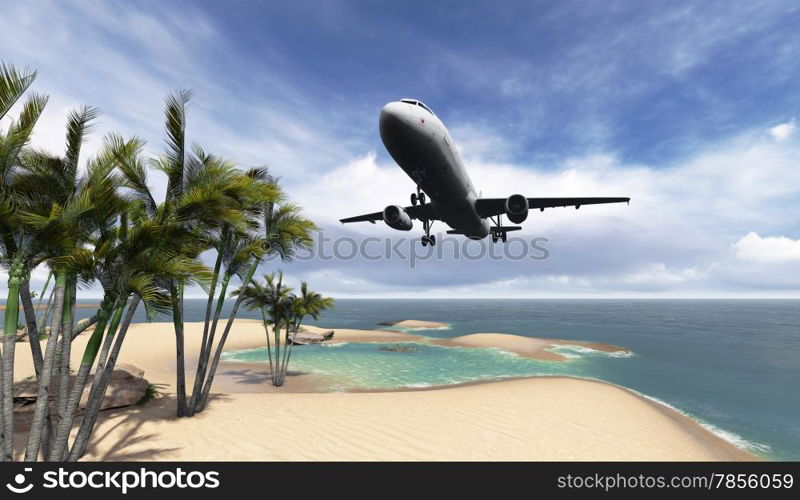 Airliner passing over palm trees made in 3d software