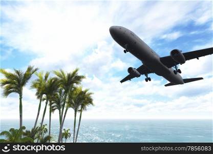 Airliner passing over palm trees made in 3d software