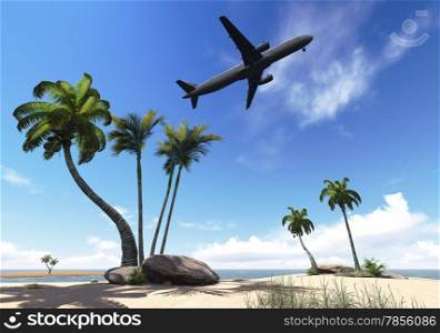 Airliner passing over palm trees made in 3d software