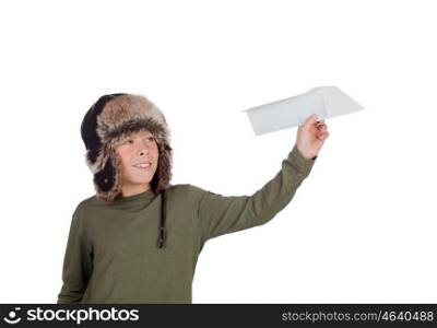 Airman Young playing with a paper airplane isolated on a white background