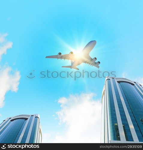 Airplane above city