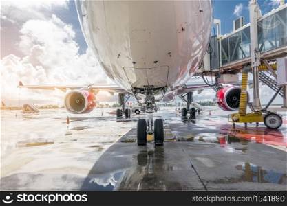Airplane being preparing ready for takeoff in international airport