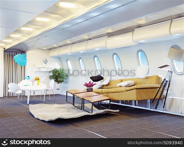 airplane cabin. airplane cabin as a living room. Vip fly concept. 3d rendering