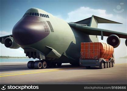airplane cargo transportation by plane, unloading containers of boxes at the airport illustration Generative AI.