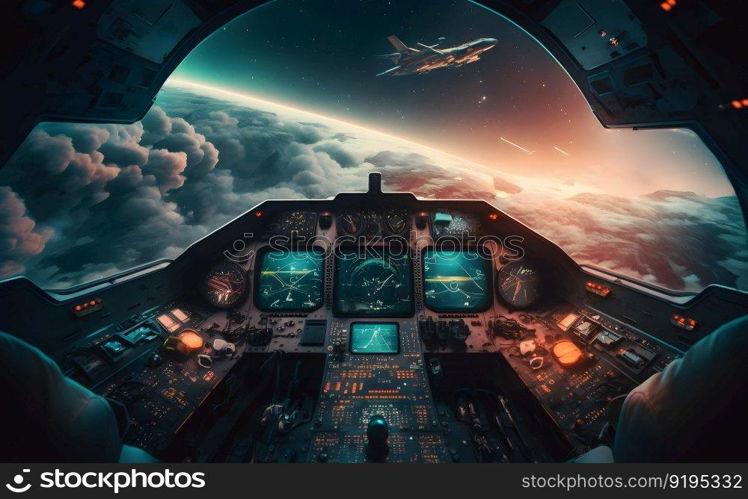 Airplane cockpit view during intergalaxy journey flight or spaceship battle. Neural network AI generated art. Airplane cockpit view during intergalaxy journey flight or spaceship battle. Neural network generated art