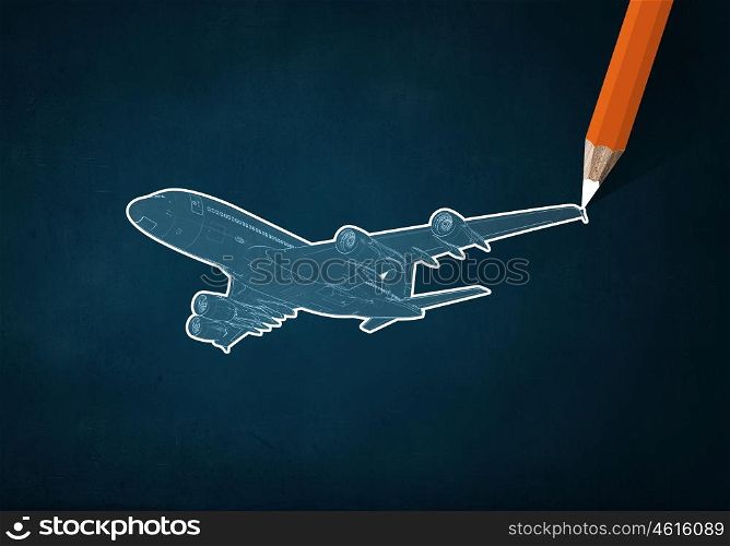 Airplane design. Pencil drawing sketch of airplane on color background