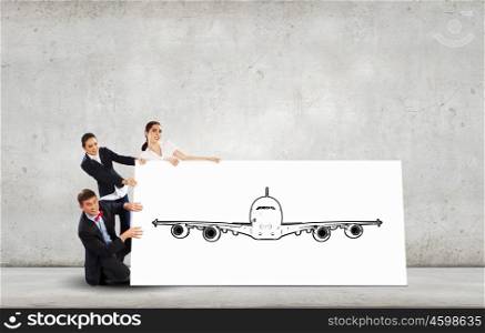 Airplane design. Young people holding white banner with airplane illustration