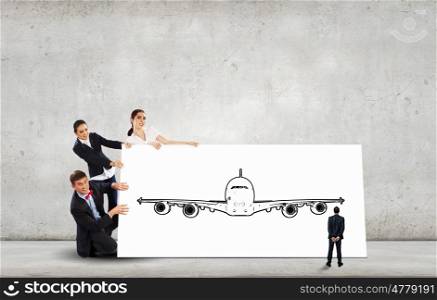 Airplane design. Young people holding white banner with airplane illustration
