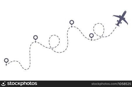 Airplane dotted route line. Flight tourism route path, plane flights itinerary starting pin to destination point or pathway map. Dashed airplane flights start track vector illustration. Airplane dotted route line. Flight tourism route path, plane flights itinerary starting pin to destination point vector illustration