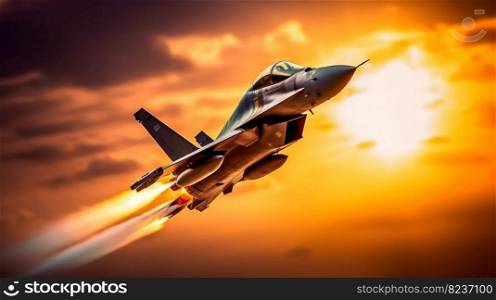 Airplane fighter in the sunset sky. Generative AI. High quality illustration. Airplane fighter in the sunset sky. Generative AI
