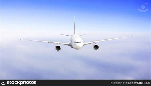 Airplane fly over clouds. Transportation travel concept